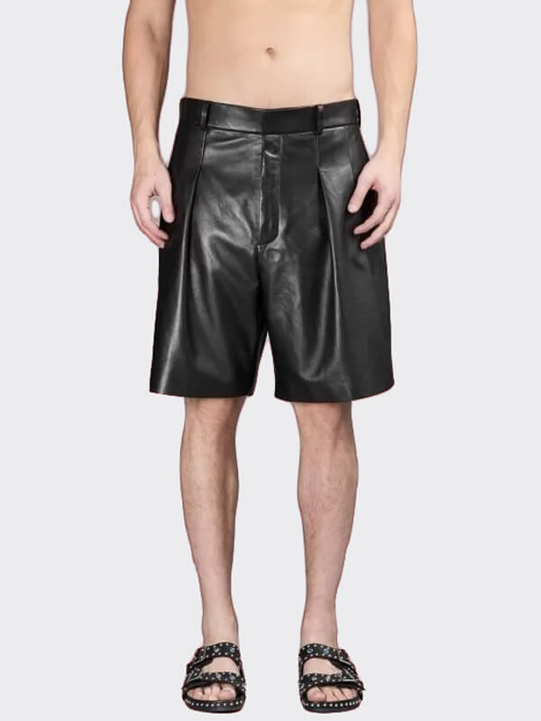 Men Leather Shorts Bermuda Style Black Leather Men’s Shorts for Winter