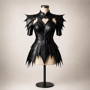 Black Genuine Leather Gothic Armor Dress, Batwing Corset Costume